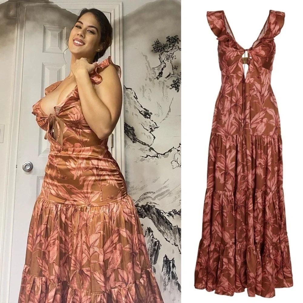 Significant Other- Copper Brown Floral Printed Cut Out Maxi Sollar Dress Size 4